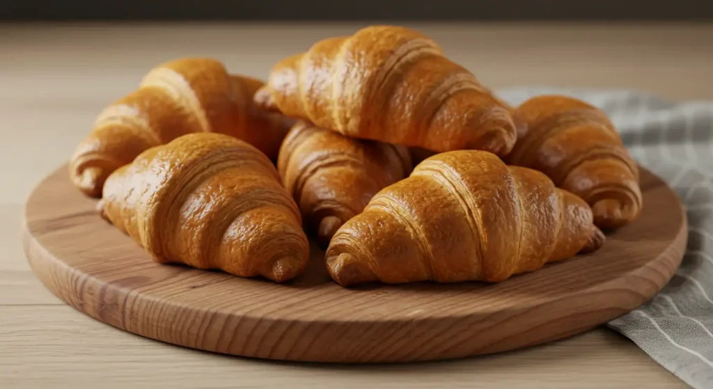 Freshly baked Swiss Gipfeli (butter croissants) arranged on a round wooden serving board, showing their golden-brown flaky layers