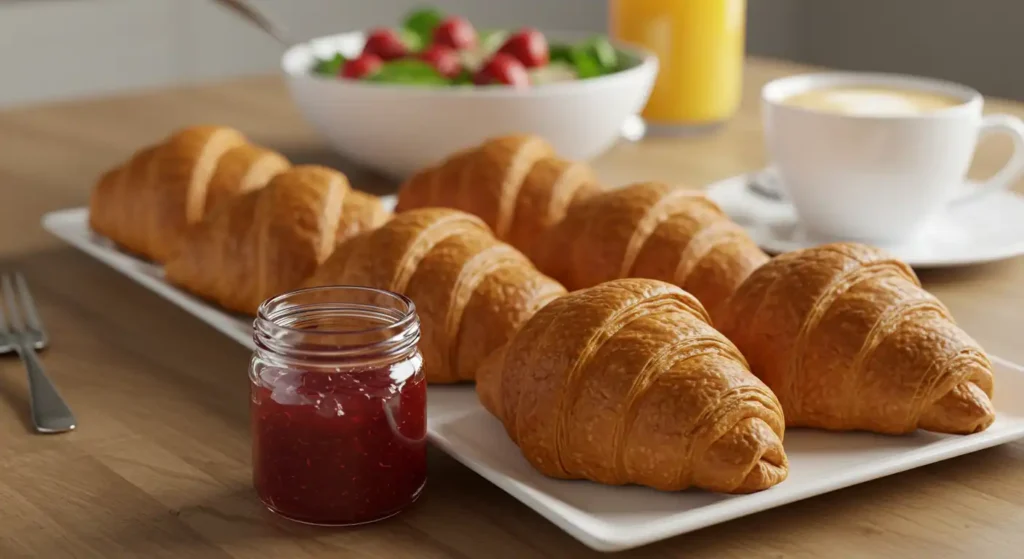 Freshly baked Gipfeli served on a white platter with jam, coffee, and fruit salad for breakfast