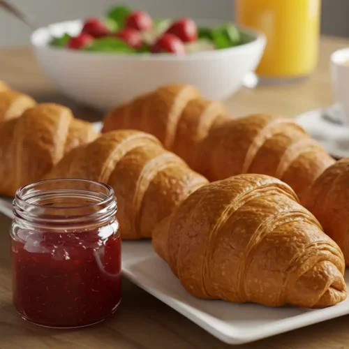 Freshly baked Gipfeli served on a white platter with jam, coffee, and fruit salad for breakfast