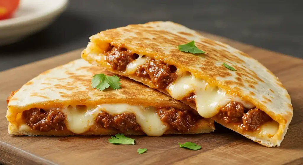 Cheesy beef quesadilla with fresh cilantro garnish