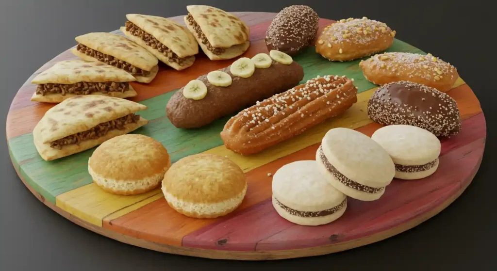 Assorted Salvadoran pastries and bread on colorful wooden platter