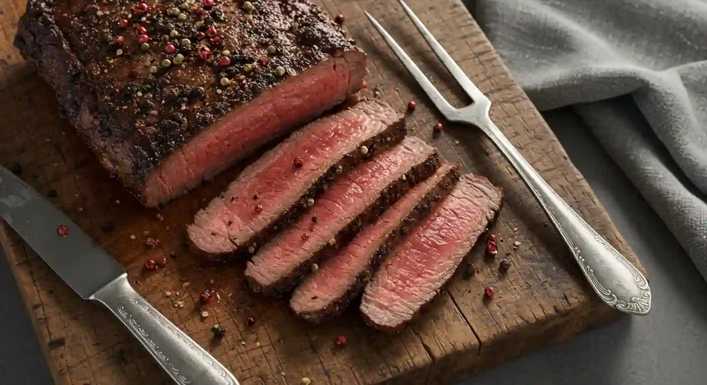 Sliced beef loin flat iron steak with peppercorn crust on a wooden cutting board, showing medium-rare doneness and served with vintage carving utensils