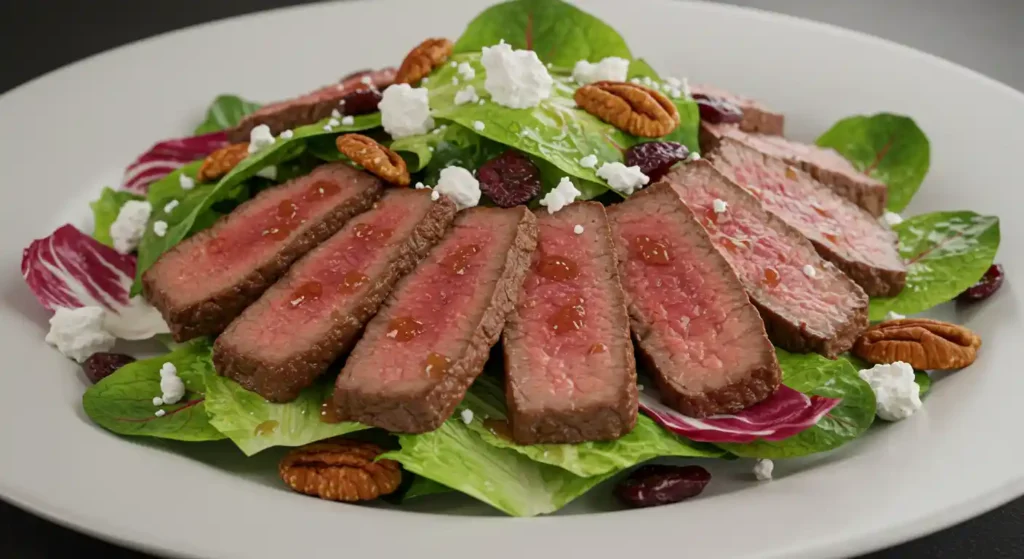 Sliced beef loin flat iron steak served on mixed greens with feta cheese, pecans, and cranberries