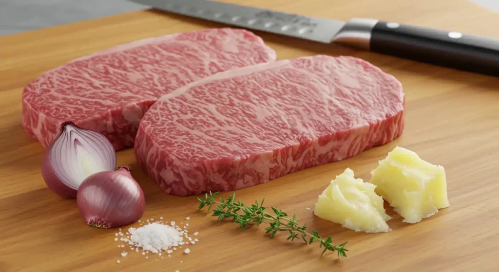 Raw beef loin flat iron steaks with intense marbling on a wooden cutting board, accompanied by red onions, fresh thyme, Wagyu Beef Tallow, and sea salt