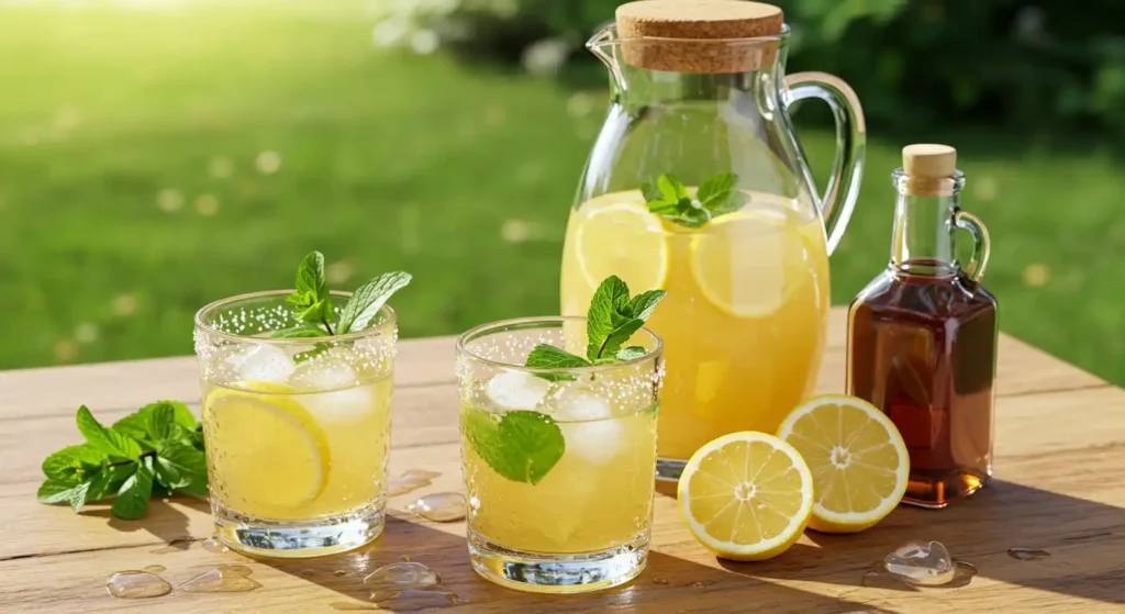 Two glasses and a pitcher of lemon balm infused drink garnished with fresh mint leaves, lemon slices, and ice, with honey on a wooden table outdoors