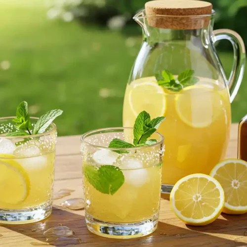 Two glasses and a pitcher of lemon balm infused drink garnished with fresh mint leaves, lemon slices, and ice, with honey on a wooden table outdoors