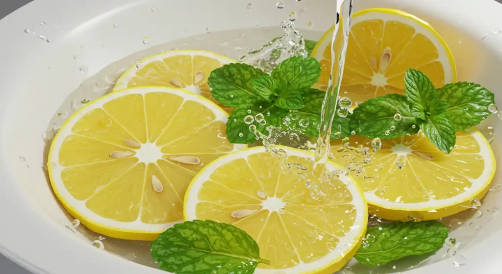 Fresh lemon slices and lemon balm leaves in water with splashing droplets, close-up shot in a white bowl