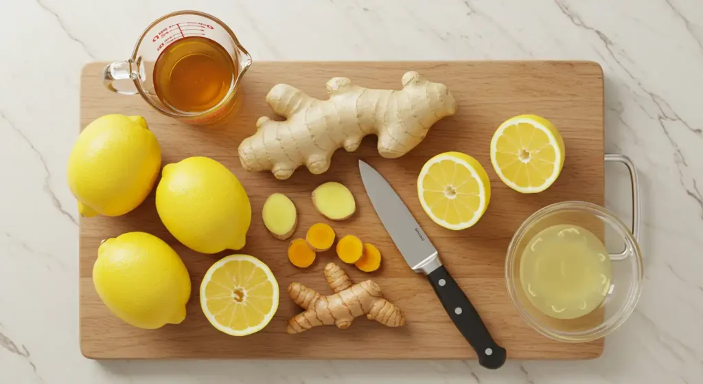 Ingredients for a healthy drink including fresh lemons, ginger root, turmeric root, and honey arranged on a wooden cutting board with a knife and measuring cup