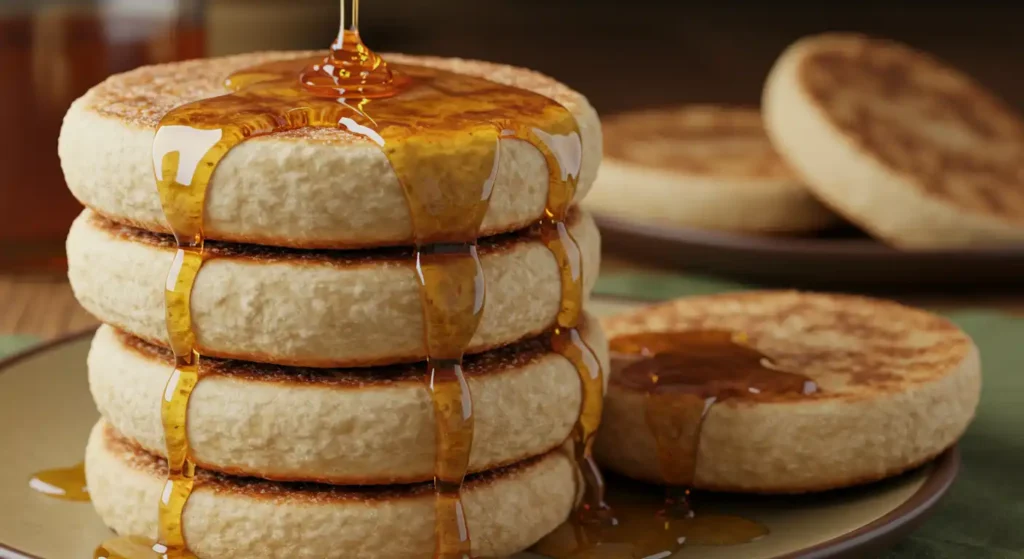 A stack of gorditas de nata drizzled with golden syrup, highlighting their fluffy texture and rich flavor.