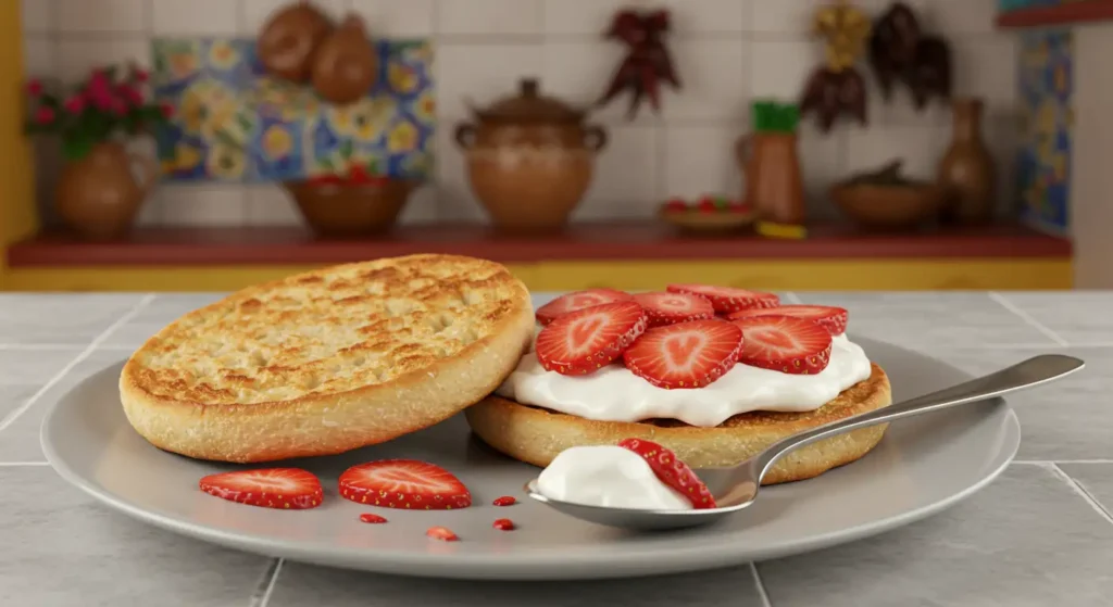 A plate with gorditas de nata, one topped with fresh cream and sliced strawberries, set in a rustic kitchen.