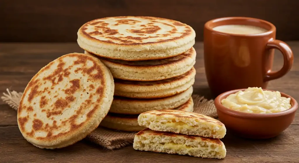 A stack of gorditas de nata on a rustic wooden table, with a cup of coffee and a small bowl of cream.