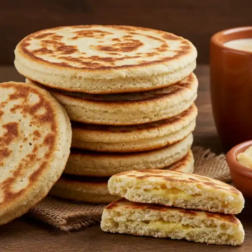 A stack of gorditas de nata on a rustic wooden table, with a cup of coffee and a small bowl of cream.