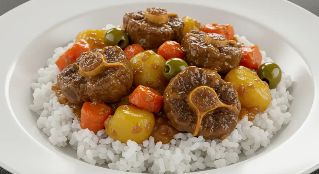 A plate of rabo encendido, a Cuban-style oxtail stew, served over white rice with potatoes, carrots, and green olives.