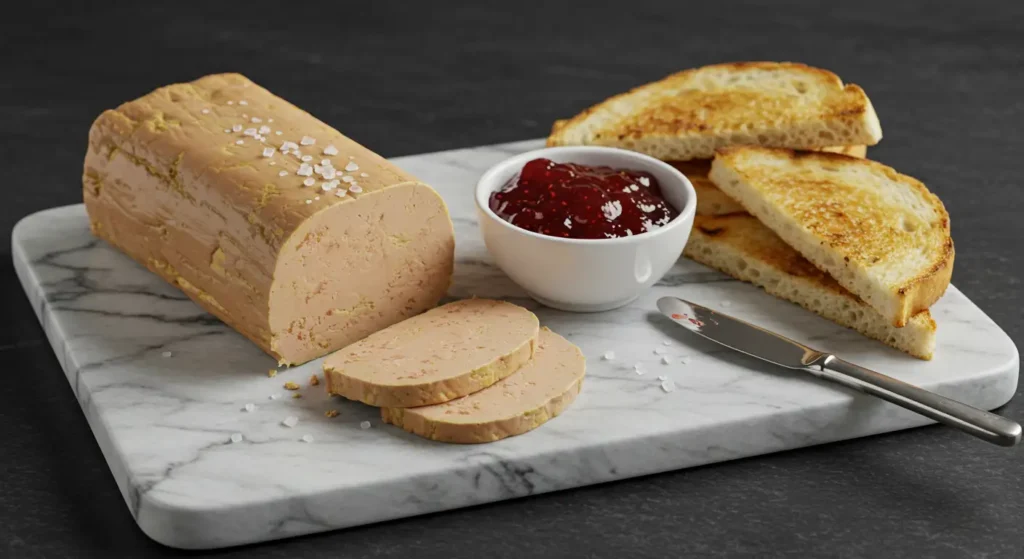 Foie gras torchon served on marble board with red berry jam, toasted bread, and sea salt garnish