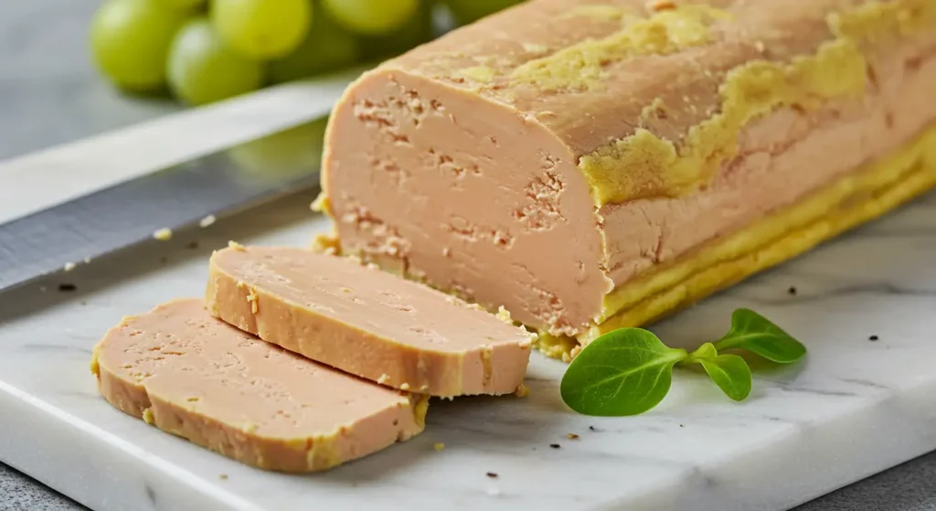 Sliced foie gras torchon with yellow crust on marble board, garnished with green leaves and grapes