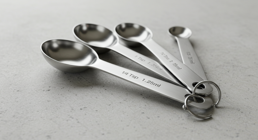 Set of stainless steel measuring spoons on a gray surface, showing various teaspoon and tablespoon measurements.