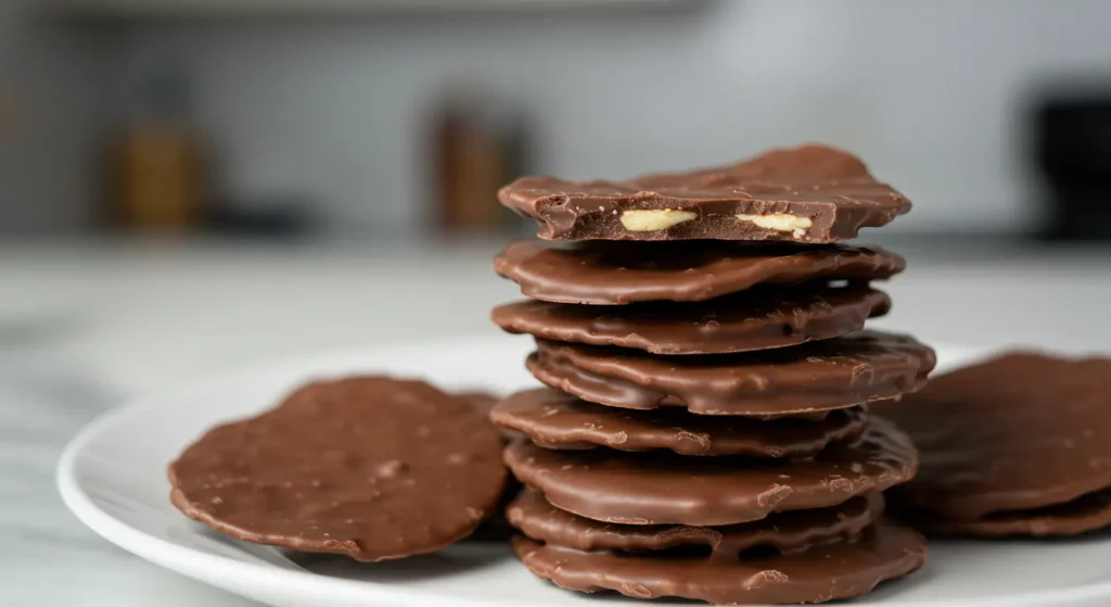 Milk chocolate-covered potato chips on a white plate