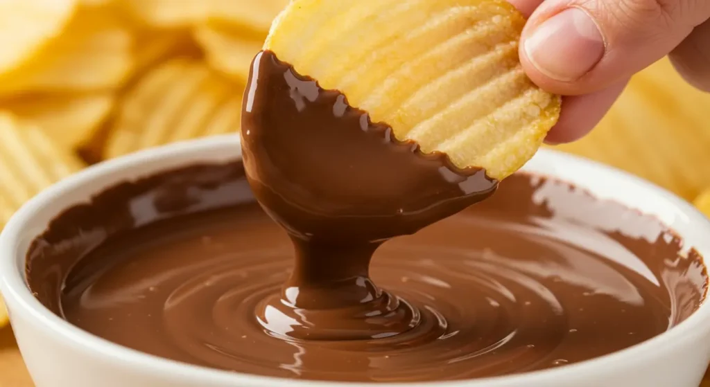 A hand dipping a ridged potato chip into a bowl of smooth, melted chocolate.