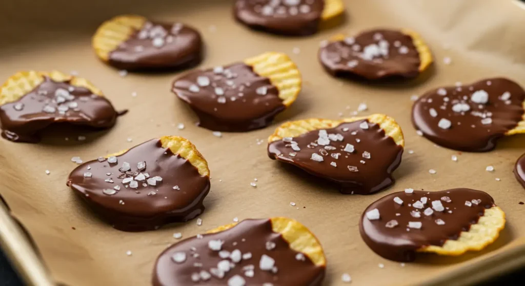 Ridged potato chips partially dipped in melted chocolate and sprinkled with sea salt, arranged on parchment paper.