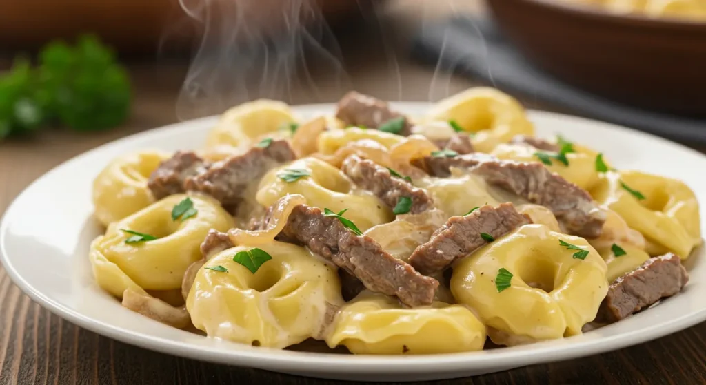 cheesesteak tortellini in rich provolone sauce