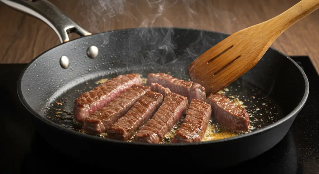 Ribeye steak slices sizzling in a pan.