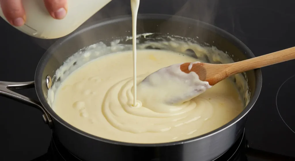 A smooth, creamy provolone cheese sauce being stirred.