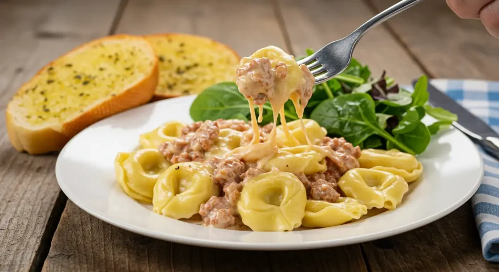 A plated serving of cheesesteak tortellini with garlic bread.