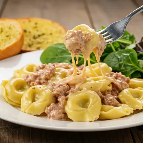 A plated serving of cheesesteak tortellini with garlic bread.