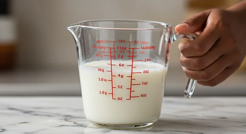 Glass measuring cup showing grams to ounces conversion markings filled with white liquid on marble surface