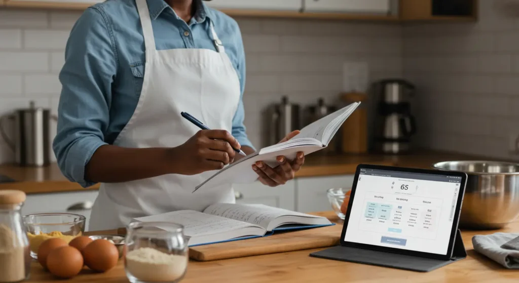 A person in a kitchen wearing an apron, taking notes in a recipe book while using a tablet to convert grams to ounces for precise baking measurements.