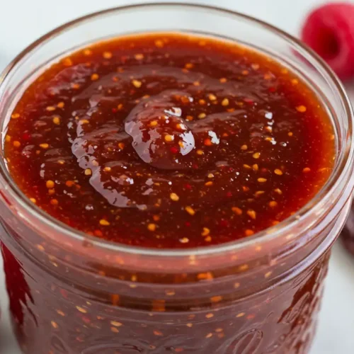 A jar of homemade raspberry chipotle sauce with fresh raspberries and chipotle peppers.