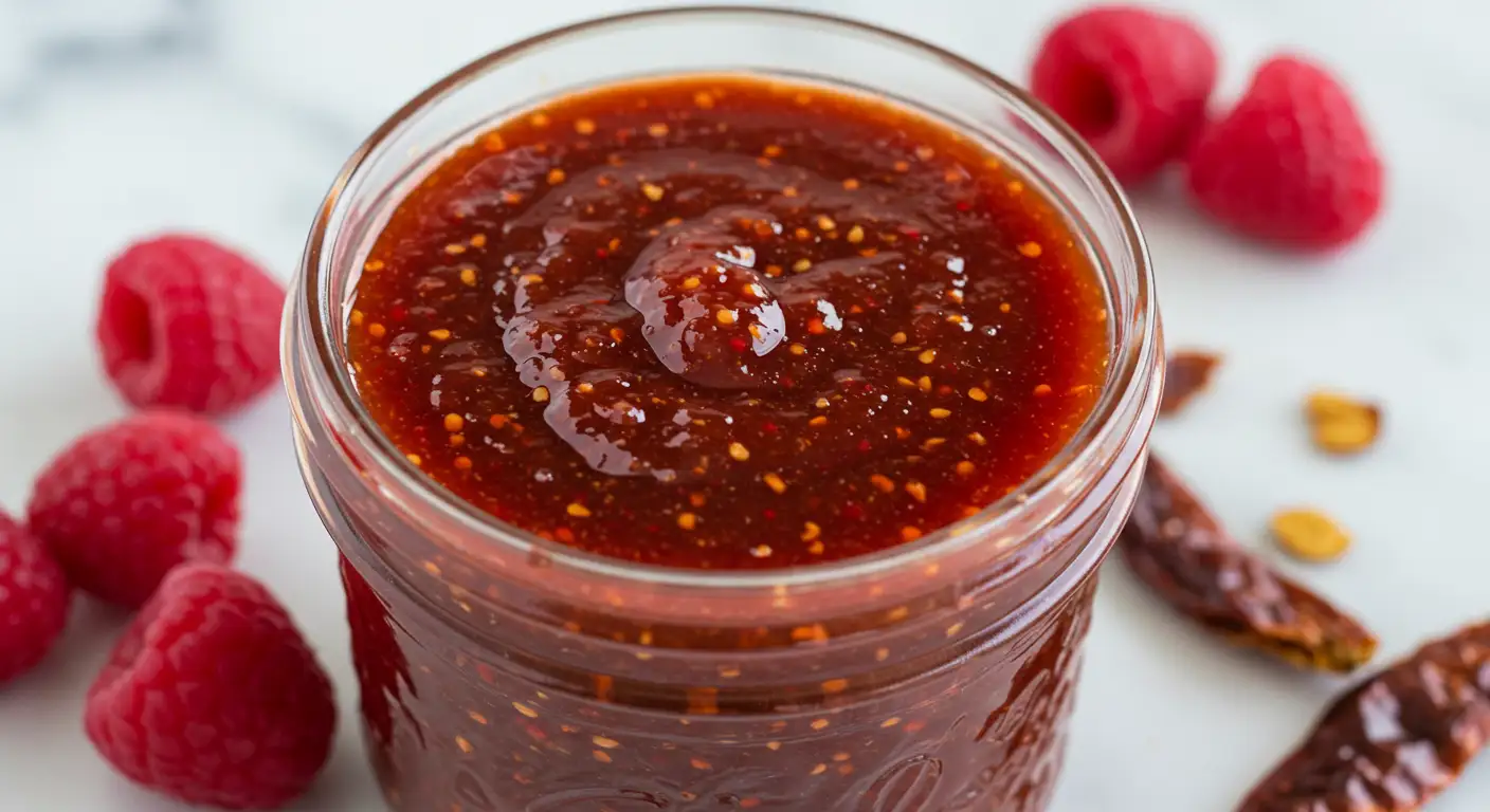 A jar of homemade raspberry chipotle sauce with fresh raspberries and chipotle peppers.