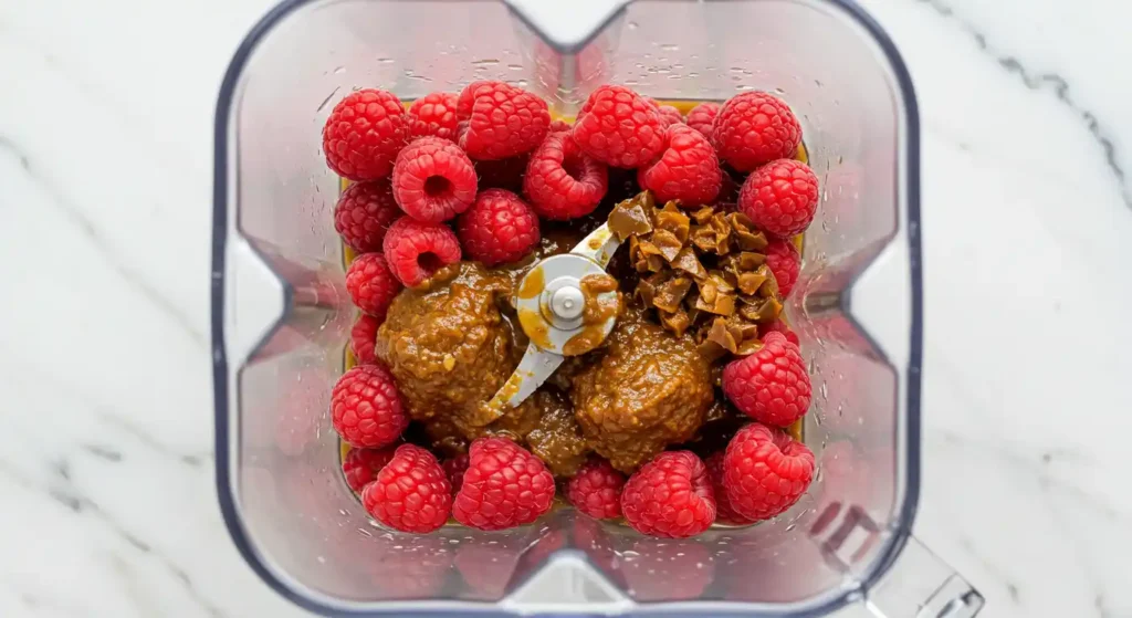 A blender mixing raspberries and chipotle peppers for a homemade sauce.