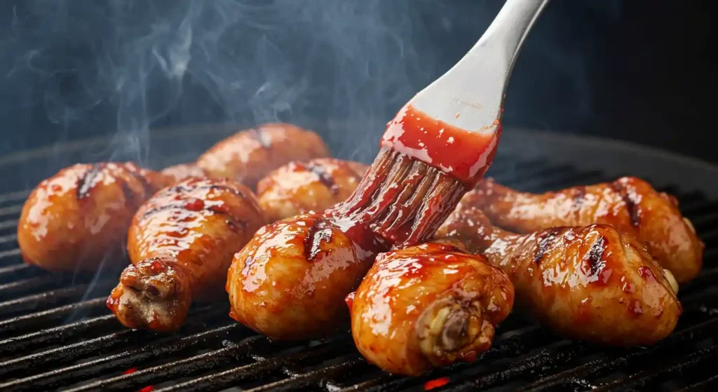 Chicken drumsticks on a grill being basted with raspberry chipotle sauce.