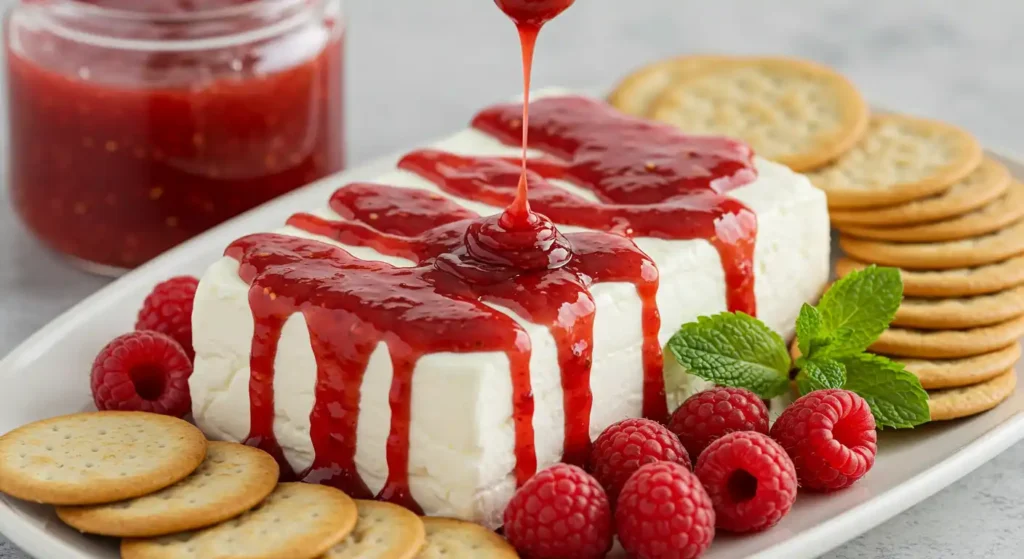 Cream cheese with raspberry chipotle sauce, served with crackers.