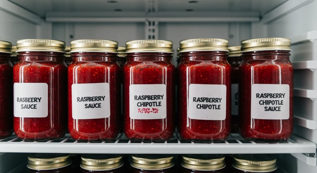 Glass jars of raspberry chipotle sauce stored in the refrigerator.