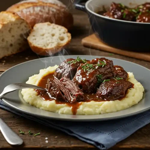 Slow-cooked beef cheeks served over mashed potatoes with fresh herbs.