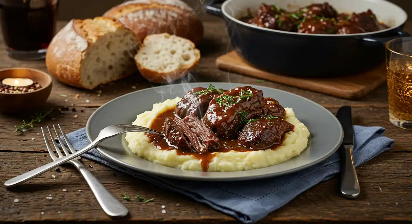 Slow-cooked beef cheeks served over mashed potatoes with fresh herbs.