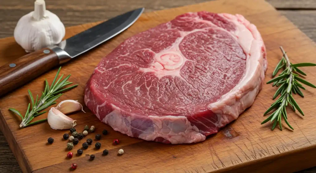 Raw beef cheek meat on a wooden board with seasoning ingredients.