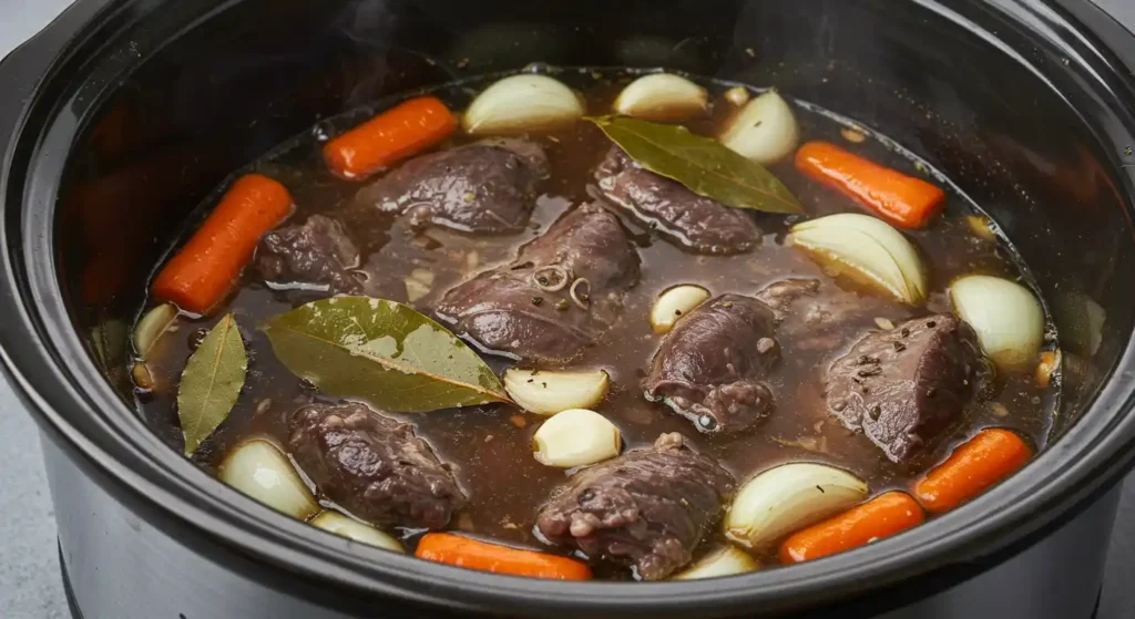 Beef cheeks cooking slowly in a broth with vegetables and spices.