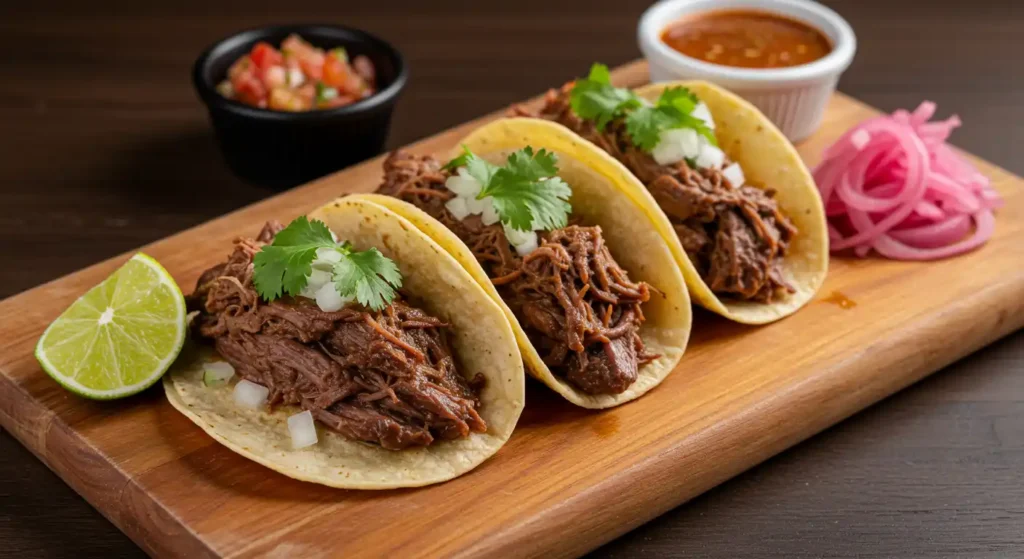 Beef cheek tacos with fresh toppings on a rustic wooden board.