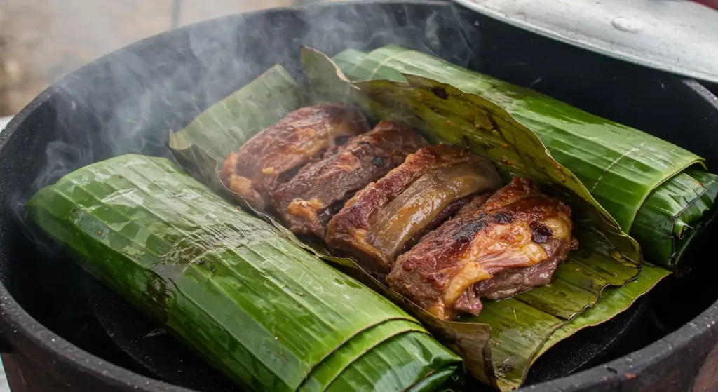 Traditional barbacoa beef cheeks cooking in banana leaves.