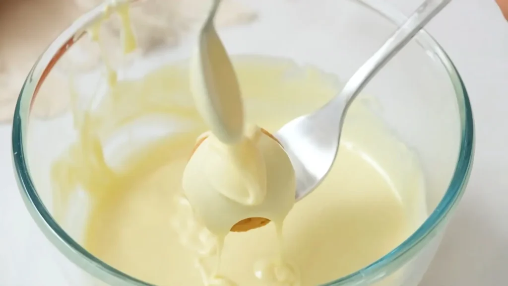 Dipping No-Bake Pumpkin Cheesecake Ball into white chocolate coating