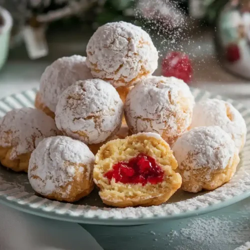 A tray of Raspberry-Filled Almond Snow Cookies dusted with powdered sugar.