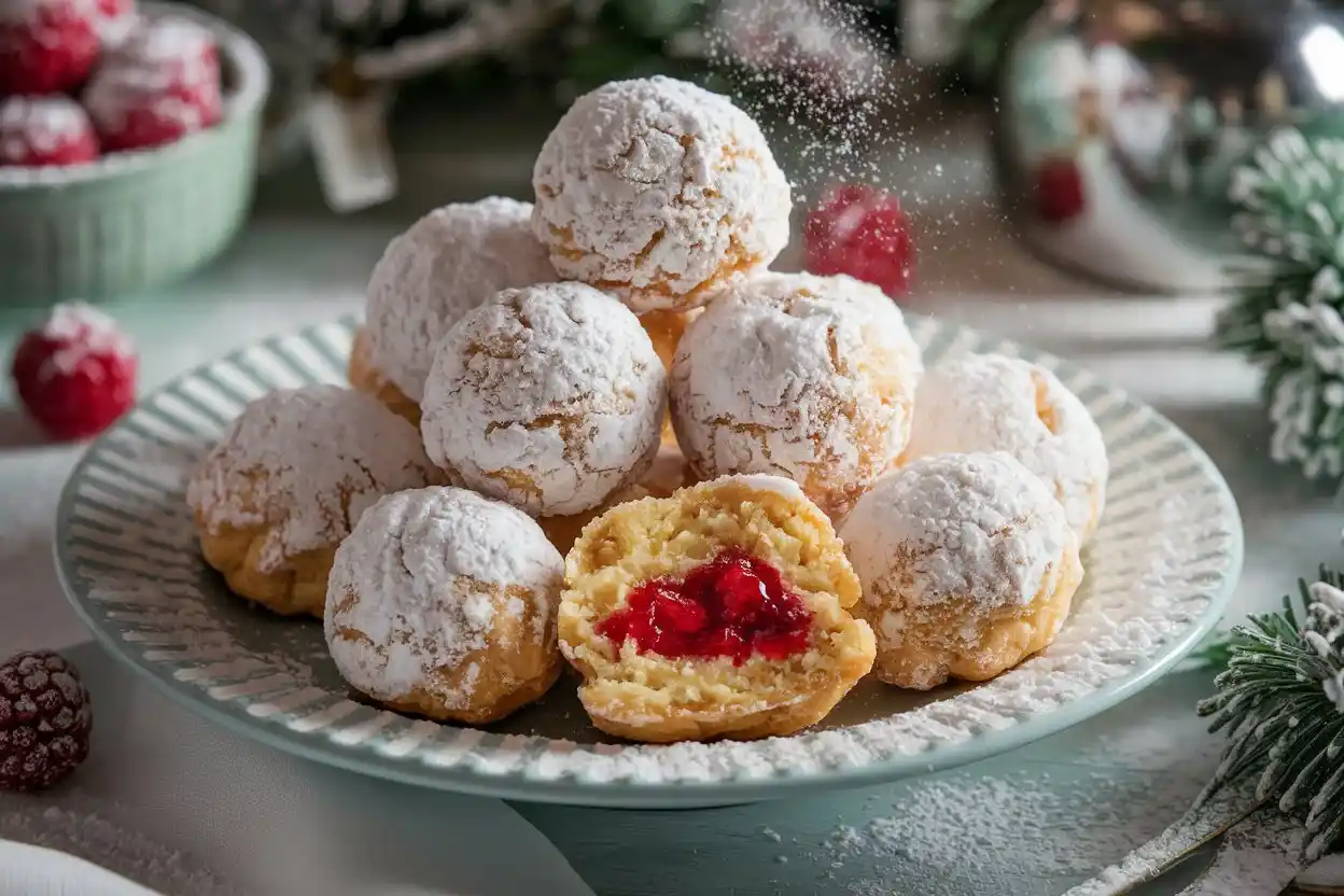 A tray of Raspberry-Filled Almond Snow Cookies dusted with powdered sugar.