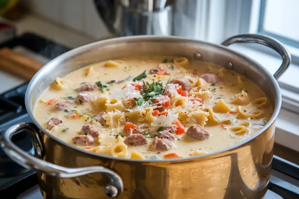 Creamy parmesan italian sausage soup simmering