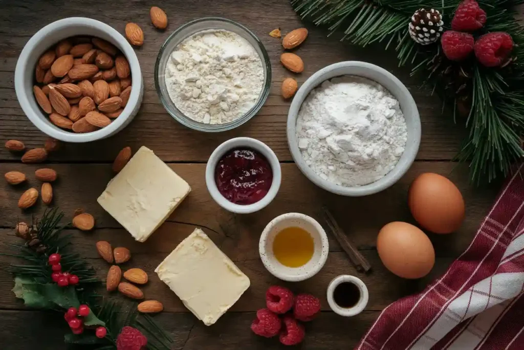 All the ingredients needed to make Raspberry-Filled Almond Snow Cookies, displayed on a rustic wooden table.