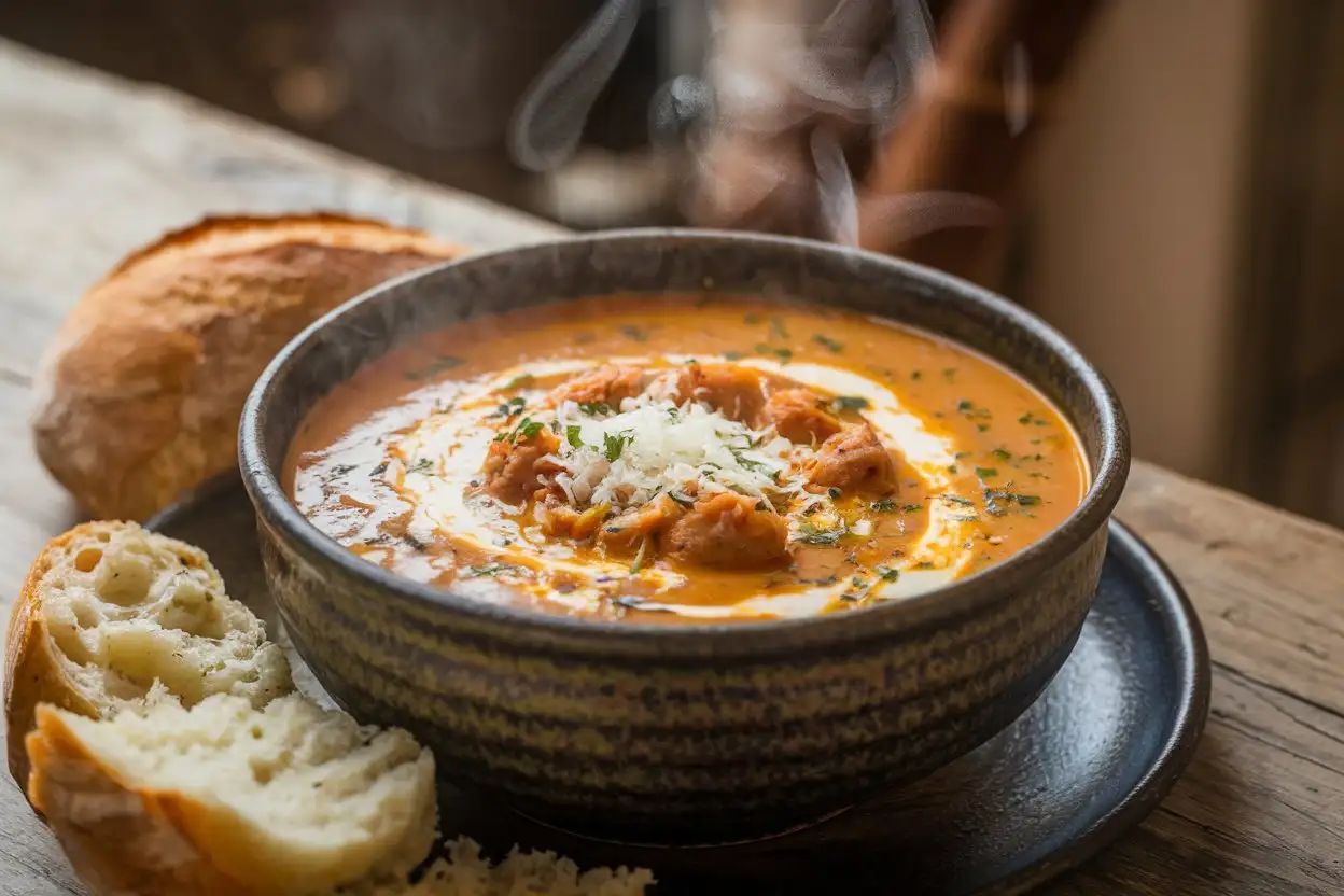 Creamy parmesan italian sausage soup with crusty bread