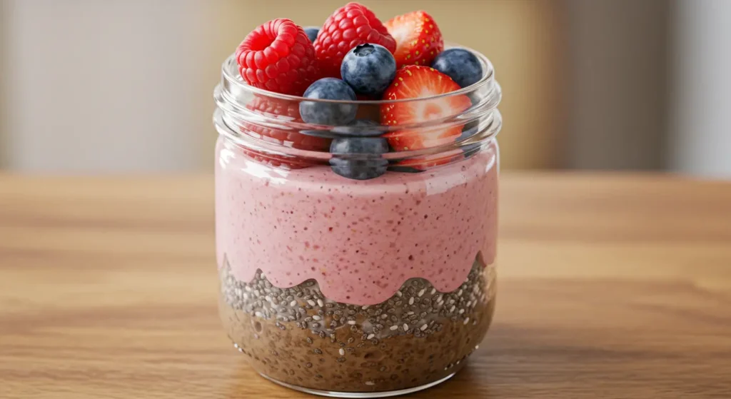 Layered protein chia seed pudding in a mason jar