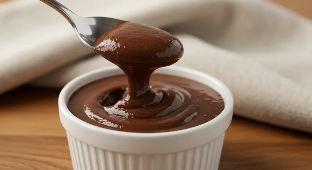 Spoon scooping creamy chocolate protein pudding